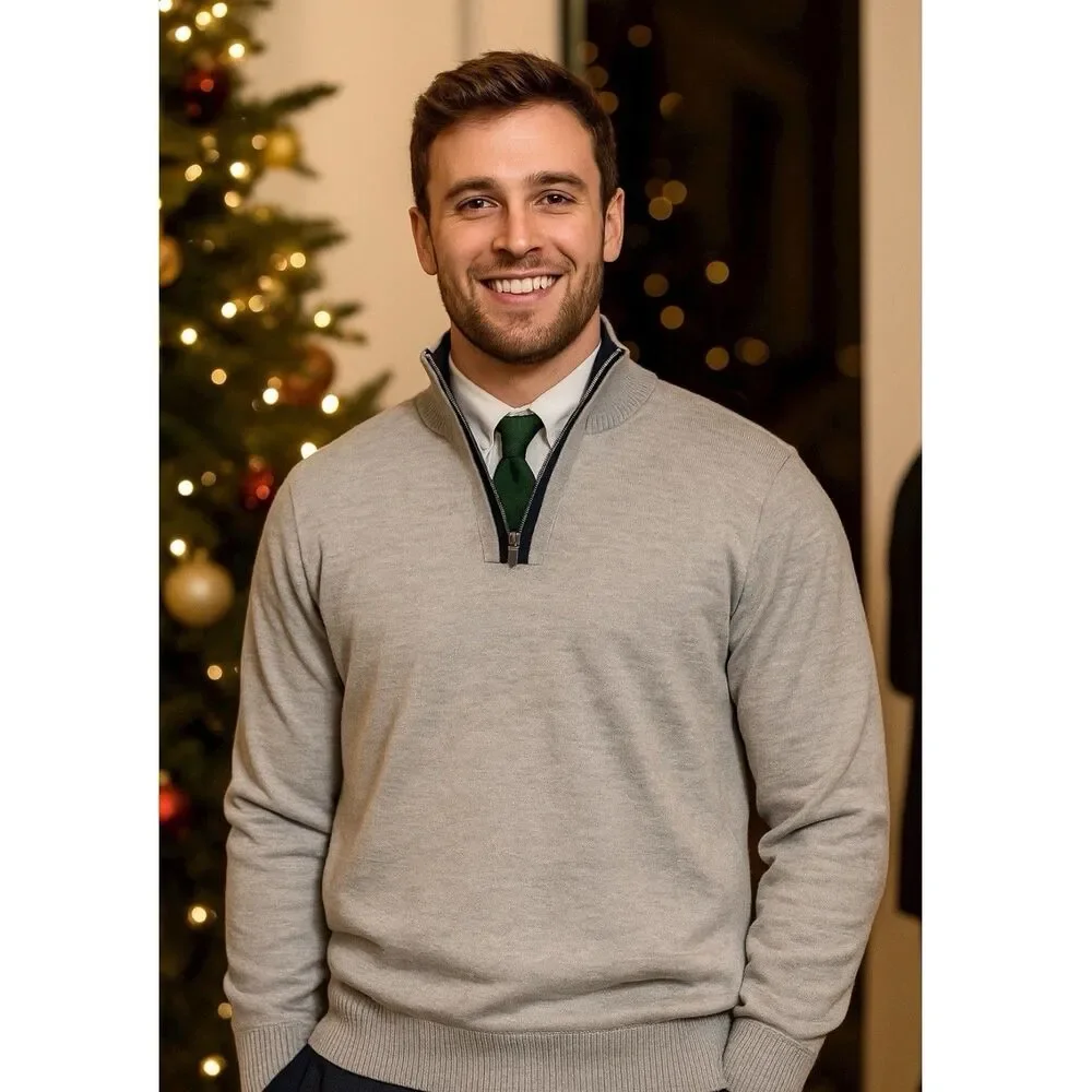 Sorano Quarter Zip Sweater Men L Gray Knit Pullover Minimalist Preppy Streetwear